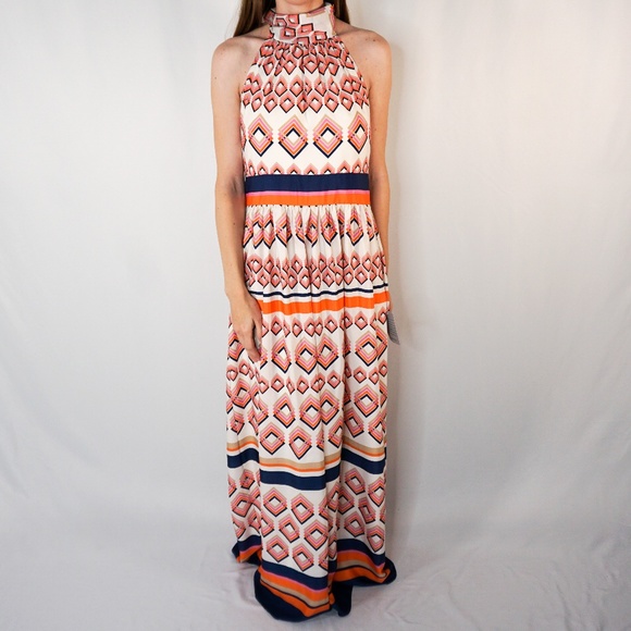 Eliza J Dresses & Skirts - ELIZA J Mixed Geometric Orange Maxi Halter Dress